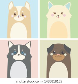 Adorable Cute Happy Smiling Pretty Puppy Pug Husky Bulldog Pomeranian Dog in Colorful Flat Design Background perfect for Decorative Wallpaper in Home
