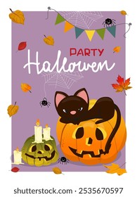 Adorável jack-o-lanterna bonito, aranha e gato preto para convite. Festa de Halloween, modelo flyer com fantasma bonito, lanterna, abóboras. Ilustração vetorial em estilo plano.