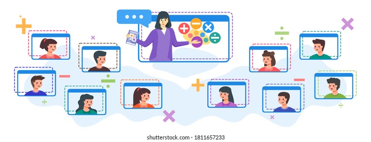 Adorable Cute Kids Or Children With Smile Happily Enthusiastic Attending Online Class With Female Teacher Explain Math On Screen During Distance Learning Or Study At Home, Video Conference Webinars.