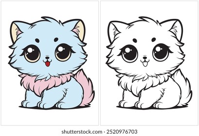 Gatito lindo adorable, piel gruesa, sonriente, ojos grandes. Dibujo para colorear para niños