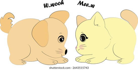 Adorable cute little puppy and kitten facing each other in a playful and heartwarming pose