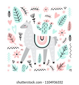 Adorable cute llama with cactus, flowers, plants, hearts. Vector illustration in Scandinavian style. Ideal for greeting cards, invitations, children room decoration, etc. 
