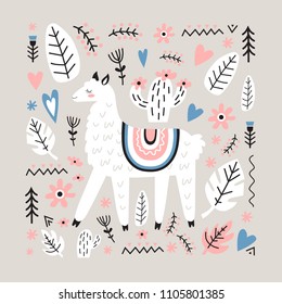Adorable cute llama with cactus, flowers, plants, hearts on gray background. Ideal for greeting cards, invitations, children room decoration, etc.