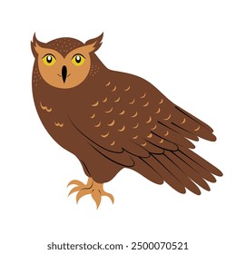 Adorable and cute long-eared owl with brown plumage. Hand drawn bird of prey in flat design. Isolated on white vector illustration