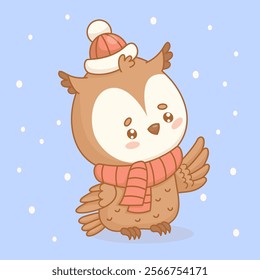 Adorable cute owl in winter knitted clothes hat and scarf. Funny cartoon kawaii bird. Vector illustration. Kids collection