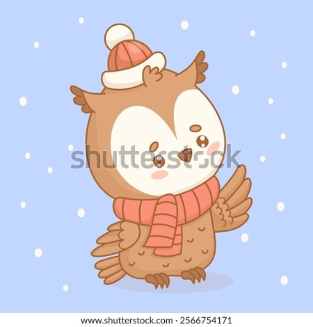 Adorable cute owl in winter knitted clothes hat and scarf. Funny cartoon kawaii bird. Vector illustration. Kids collection