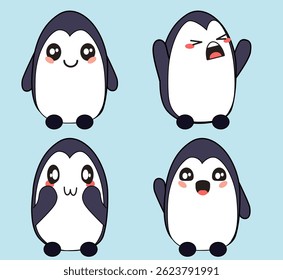 adorable cute penguin character in a variety of expressive poses and emotions Ideal for use in stickers, emoji packs, greeting cards, and social media posts