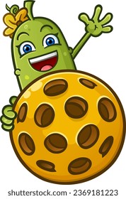 Adorable cute pickle cartoon character with a yellow flower bow peeking out from behind a giant pickleball and waving happily