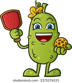 Adorable cute pickle cartoon character with a yellow flower bow holding a pickleball paddle and ball ready to play a happy joyful match