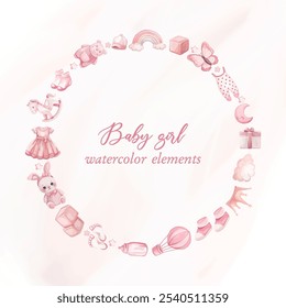 Adorable cute pink circular frame adorned with watercolor baby girl elements, ideal for greeting cards celebrating new arrivals. Perfect for announcements and special occasions.