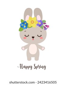 Adorable cute rabbit spring vector illustration. Kawaii bunny flower wreath on head. Hello spring text. Easter greeting card, poster, invitation, sticker. Playful tender character for kids designs.