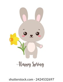 Adorable cute rabbit spring vector illustration. Kawaii bunny holding daffodil flower. Hello spring text. Easter greeting card, poster, invitation, sticker. Playful tender character for cute designs.