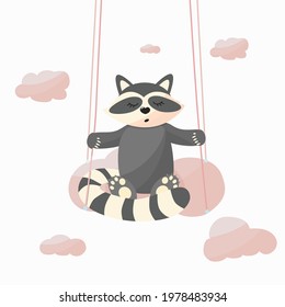 Adorable cute raccoon on pink cloud vector illustration.