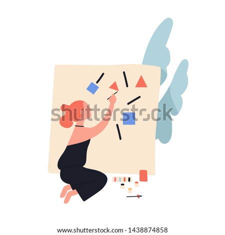 Adorable cute readhead woman painting abstract geometric shapes on canvas. Female contemporary artist creating picture. Young funny creative girl doing art. Flat modern cartoon vector illustration.