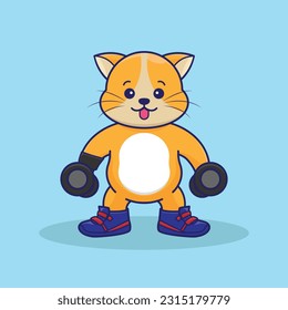 adorable and cute sporty cat weightlifting, cute cartoon cat character training strength through lifting barbells. cute cartoon cat workout activity training. Cartoon Vector  Icon Illustration.