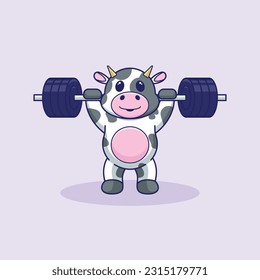 adorable and cute sporty cow weightlifting, cute cartoon cow character training strength through lifting barbells. cute cartoon cow workout activity training.