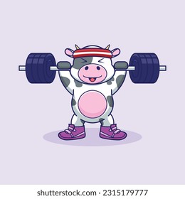 adorable and cute sporty cow weightlifting, cute cartoon cow character training strength through lifting barbells. cute cartoon cow workout activity training.