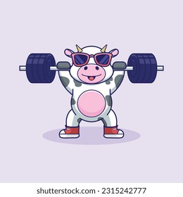 adorable and cute sporty cow weightlifting, cute cartoon cow character training strength through lifting barbells. cute cartoon cow workout activity training.