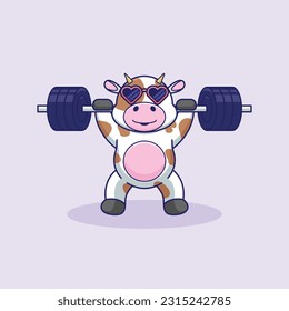 adorable and cute sporty cow weightlifting, cute cartoon cow character training strength through lifting barbells. cute cartoon cow workout activity training.