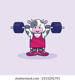 adorable and cute sporty cow weightlifting, cute cartoon cow character training strength through lifting barbells. cute cartoon cow workout activity training.