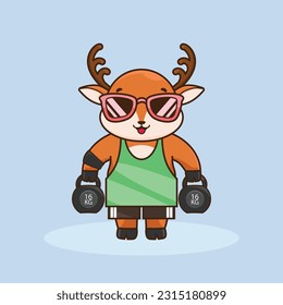 adorable and cute sporty deer weightlifting, cute cartoon deer character training strength through lifting barbells. cute cartoon deer workout activity training.