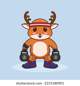 adorable and cute sporty deer weightlifting, cute cartoon deer character training strength through lifting barbells. cute cartoon deer workout activity training.