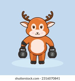 adorable and cute sporty deer weightlifting, cute cartoon deer character training strength through lifting barbells. cute cartoon deer workout activity training.