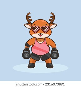 adorable and cute sporty deer weightlifting, cute cartoon deer character training strength through lifting barbells. cute cartoon deer workout activity training.