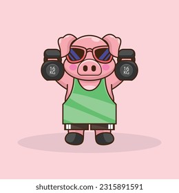 adorable and cute sporty pig weightlifting, cute cartoon pig character training strength through lifting kettlebells. cute cartoon piggy workout activity training.