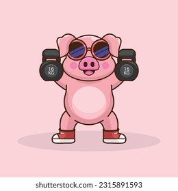 adorable and cute sporty pig weightlifting, cute cartoon pig character training strength through lifting kettlebells. cute cartoon piggy workout activity training.