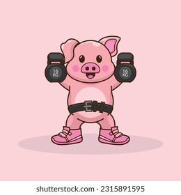 adorable and cute sporty pig weightlifting, cute cartoon pig character training strength through lifting kettlebells. cute cartoon piggy workout activity training.