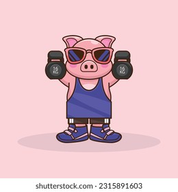 adorable and cute sporty pig weightlifting, cute cartoon pig character training strength through lifting kettlebells. cute cartoon piggy workout activity training.