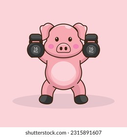 adorable and cute sporty pig weightlifting, cute cartoon pig character training strength through lifting kettlebells. cute cartoon piggy workout activity training.