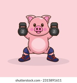 adorable and cute sporty pig weightlifting, cute cartoon pig character training strength through lifting kettlebells. cute cartoon piggy workout activity training.