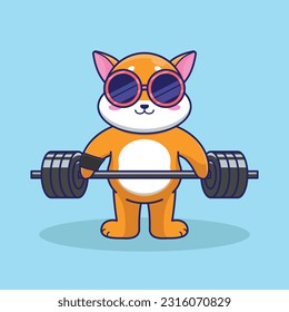 adorable and cute sporty Shiba Inu weightlifting, cute cartoon Shiba Inu character training strength through lifting barbells. cute cartoon Shiba Inu workout activity training. 
