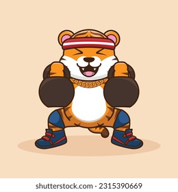 adorable and cute sporty Tiger weightlifting. Tiger character training lifting Kettlebell. Cartoon Vector Workout Icon Illustration. workout Icon Concept Isolated Premium Vector.