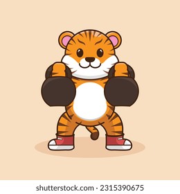 adorable and cute sporty Tiger weightlifting. Tiger character training lifting Kettlebell. Cartoon Vector Workout Icon Illustration. workout Icon Concept Isolated Premium Vector.