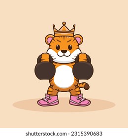 adorable and cute sporty Tiger weightlifting. Tiger character training lifting Kettlebell. Cartoon Vector Workout Icon Illustration. workout Icon Concept Isolated Premium Vector.