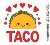 Adorable cute taco character illustration surrounded by hearts, expressing love and happiness. Flat colorful vector style perfect for stickers, t-shirt design, kids content, food branding, social media, and fun graphic projects.