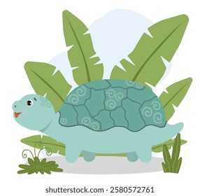 Adorable cute turtle, prehistoric reptile. Baby dinosaur. Colorful cute baby illustrations for greeting card design, congratulations and invitation card making.