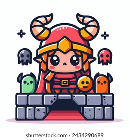 Adorable and cute vector girl witch, wearing a horned hat on top of a castle