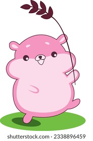 Adorable cute vector illustration . Pink rat with leaves. Pink quokka pets .Cutest animal in the world.