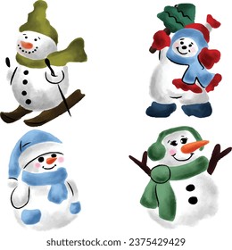 Adorable Cute Watercolor Christmas Snowman Collection