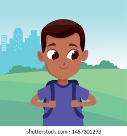 adorable cute young boy face with brown hair happy childhood cartoon in the city park, nature and urban scenery ,vector illustration graphic design.