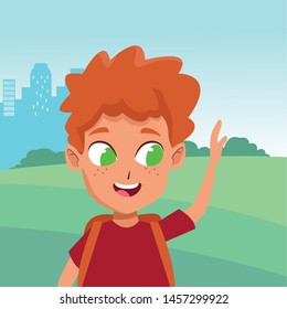 adorable cute young redhead boy face wih green eyes happy childhood cartoon in the city park, nature and urban scenery ,vector illustration graphic design.