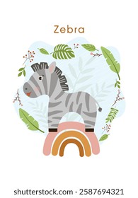 Adorable cute zebra stands on a bright rainbow. Flat style vector illustration for birthday invitation, cards and stickers.