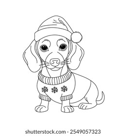 Adorable dachshund wearing a festive Santa hat with a pom-pom and a cozy sweater decorated with snowflakes, spreading holiday cheer