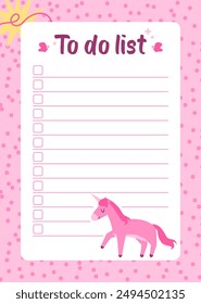 Adorable daily to do list template with pink unicorn. Stock vector illustration in flat cartoon style.