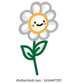 Adorable Daisy Flower With Kawaii Expression Clipart. Cute Plant Icon. Hand Drawn Bloom With Face Motif Illustration Doodle In Flat Color. Isolated Botanical, Nature, Garden Vector EPS 10.