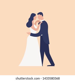 Adorable dancing newlyweds isolated on light background. First dance of cute romantic married couple. Wedding day celebration party or ball. Modern flat cartoon colorful vector illustration.